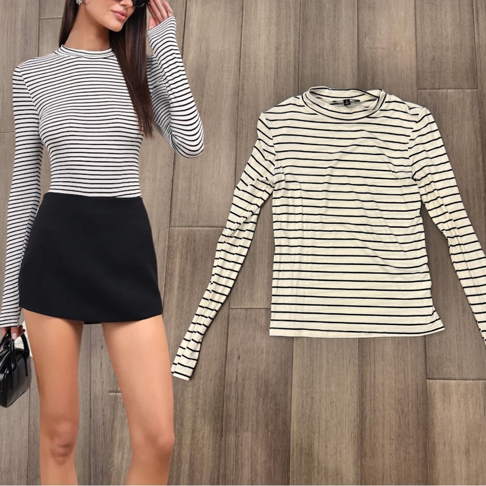 Lulus Black and White Striped Long Sleeve Tee | Size Small